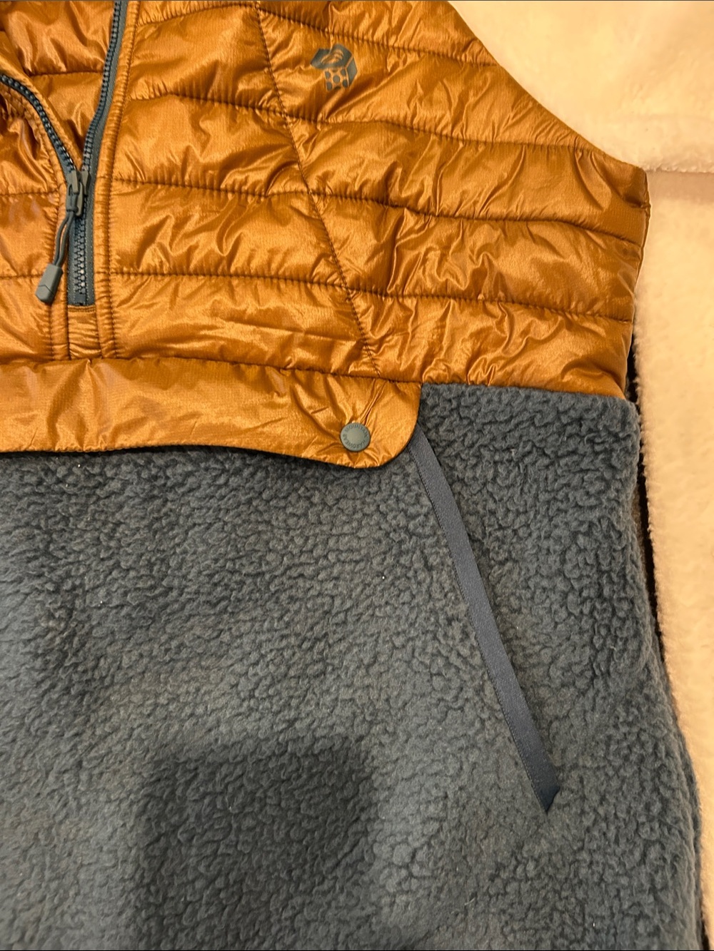 Women’s Mountain Hardwear Quilted Fleece Hybrid Pullover - Tan, Blue, Cream - Picture 3 of 5